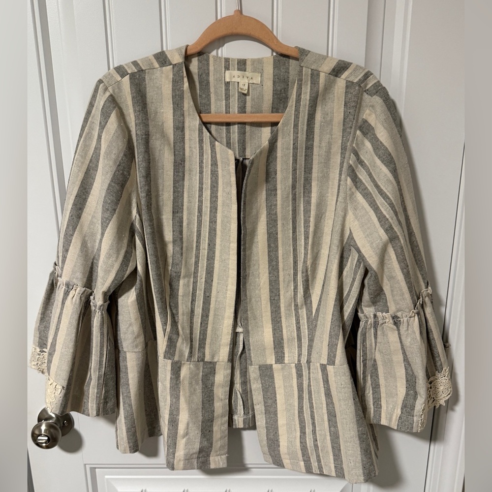 Adiva Women's Size 1X Linen Blend Open Front Flounce Sleeves Striped Jacket